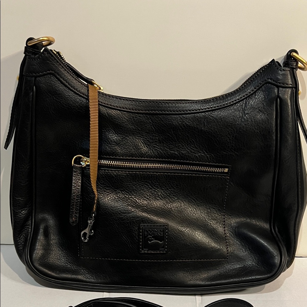 Dooney & Bourke Black Leather Hobo Bag with Gold Accents Red Interior